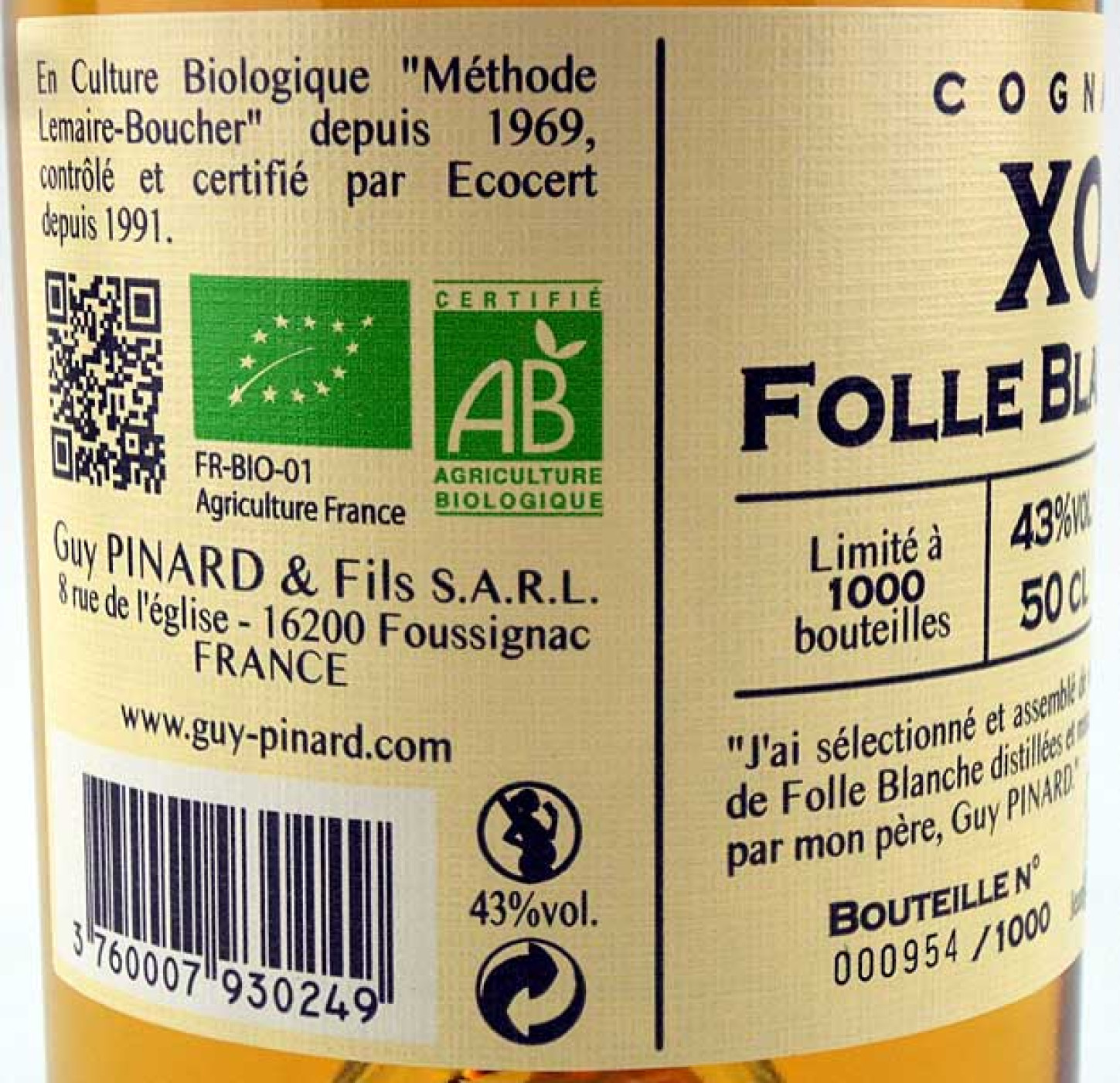 Guy Pinard,  Cognac Folle Blanche XO, 43%, 0,5l 