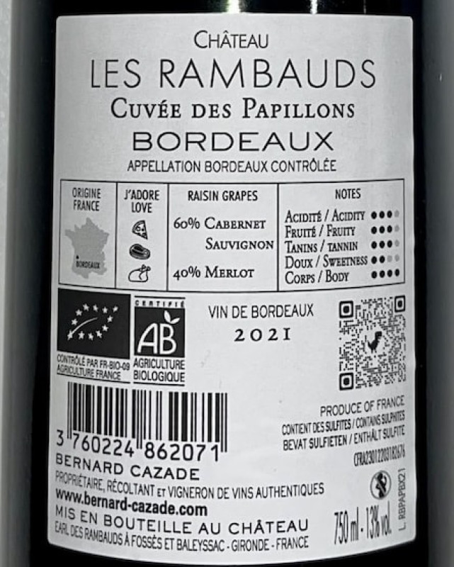 Earl des Rambauds,  CHÂTEAU LES RAMBAUDS, Cuvée des Papillons Bordeaux 2021
