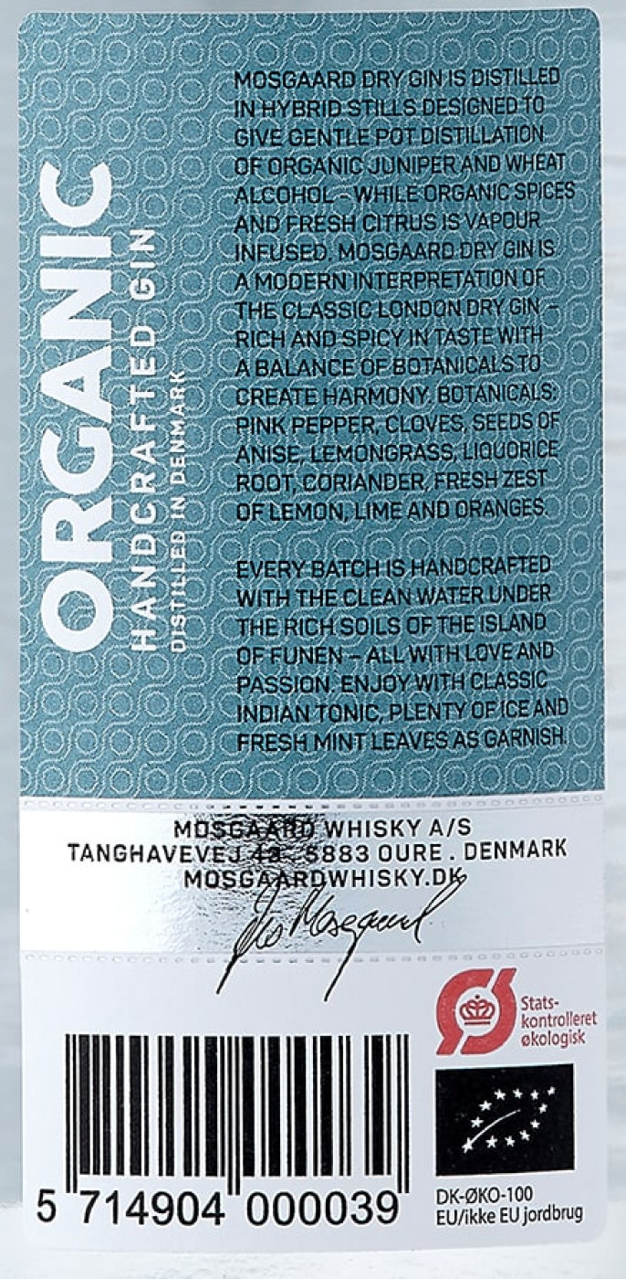 Mosgaard Whisky A/S,  Organic Dry Gin Spicy Lime, 38% 0,5l 