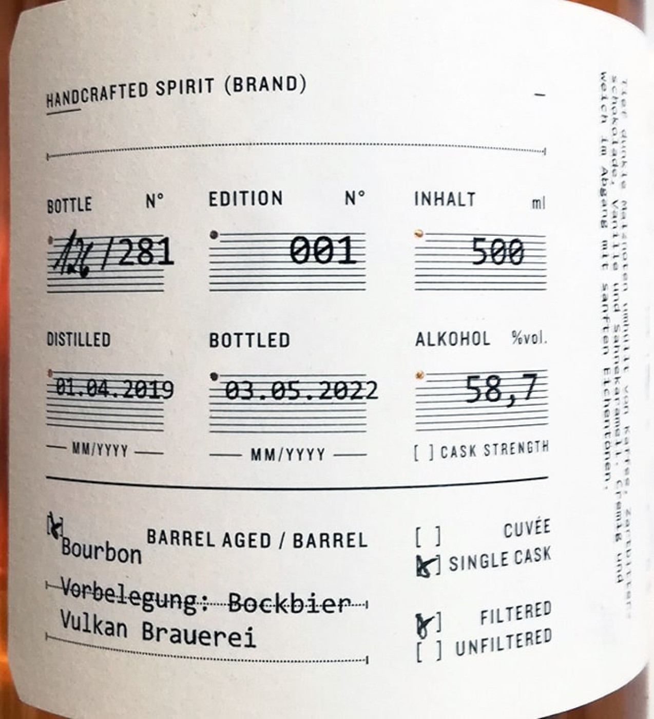 Brennerei Ehringhausen,  Rye Whisky No 01 ( Bourbon / Bockbier-Barrel ), 0,5l,  58,7% 