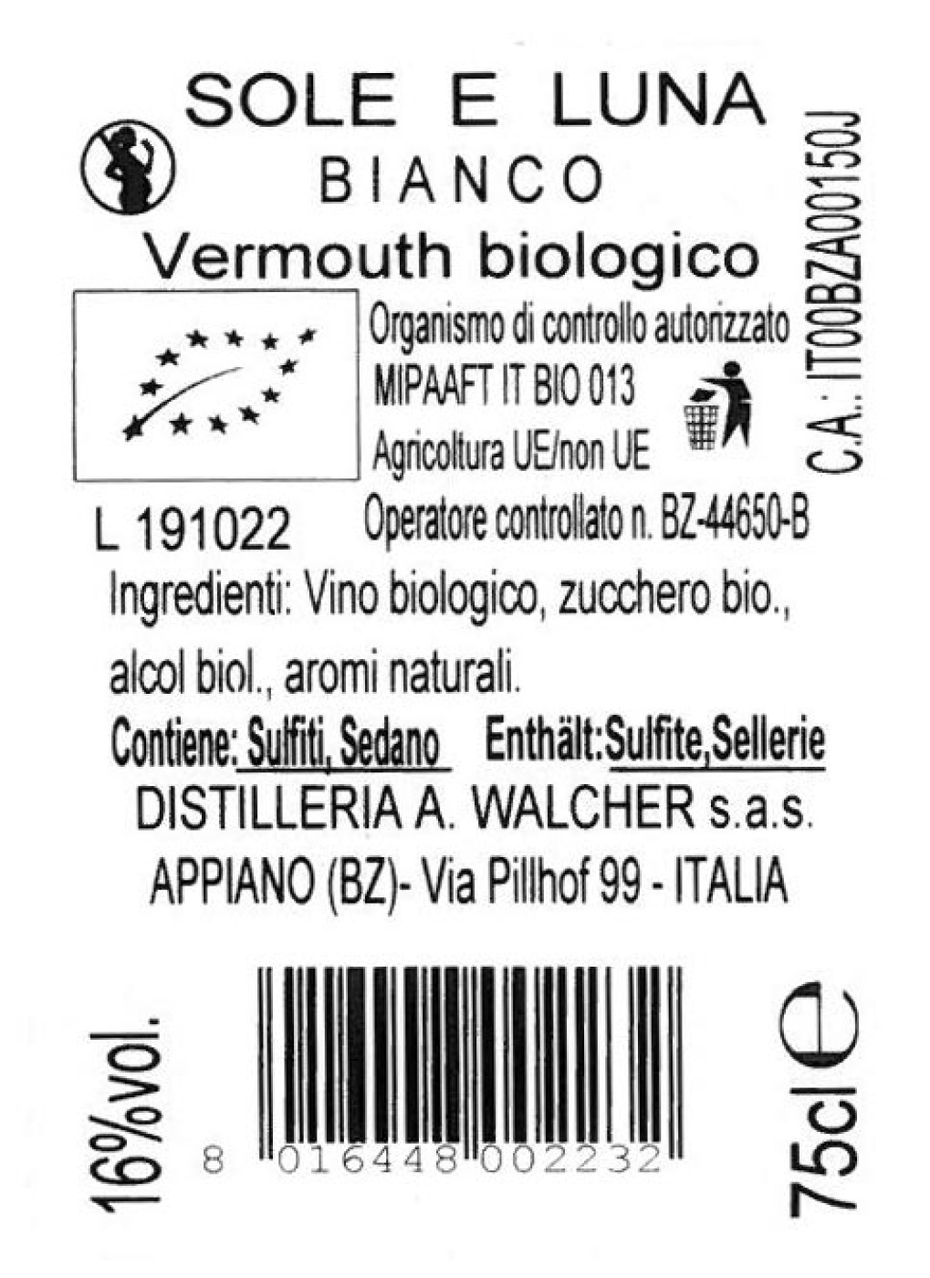 Walcher,  Sole e Luna Vermouth Bianco Wermut Aperitif, 0,75l, 16% 