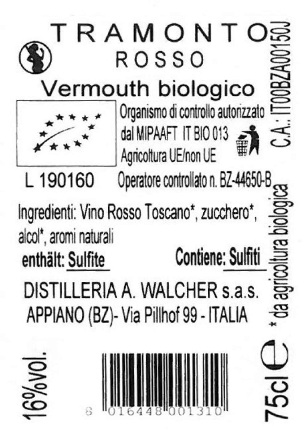 Walcher,  Tramonto Vermouth Rosso Wermut Rot, 0,75l, 16% 